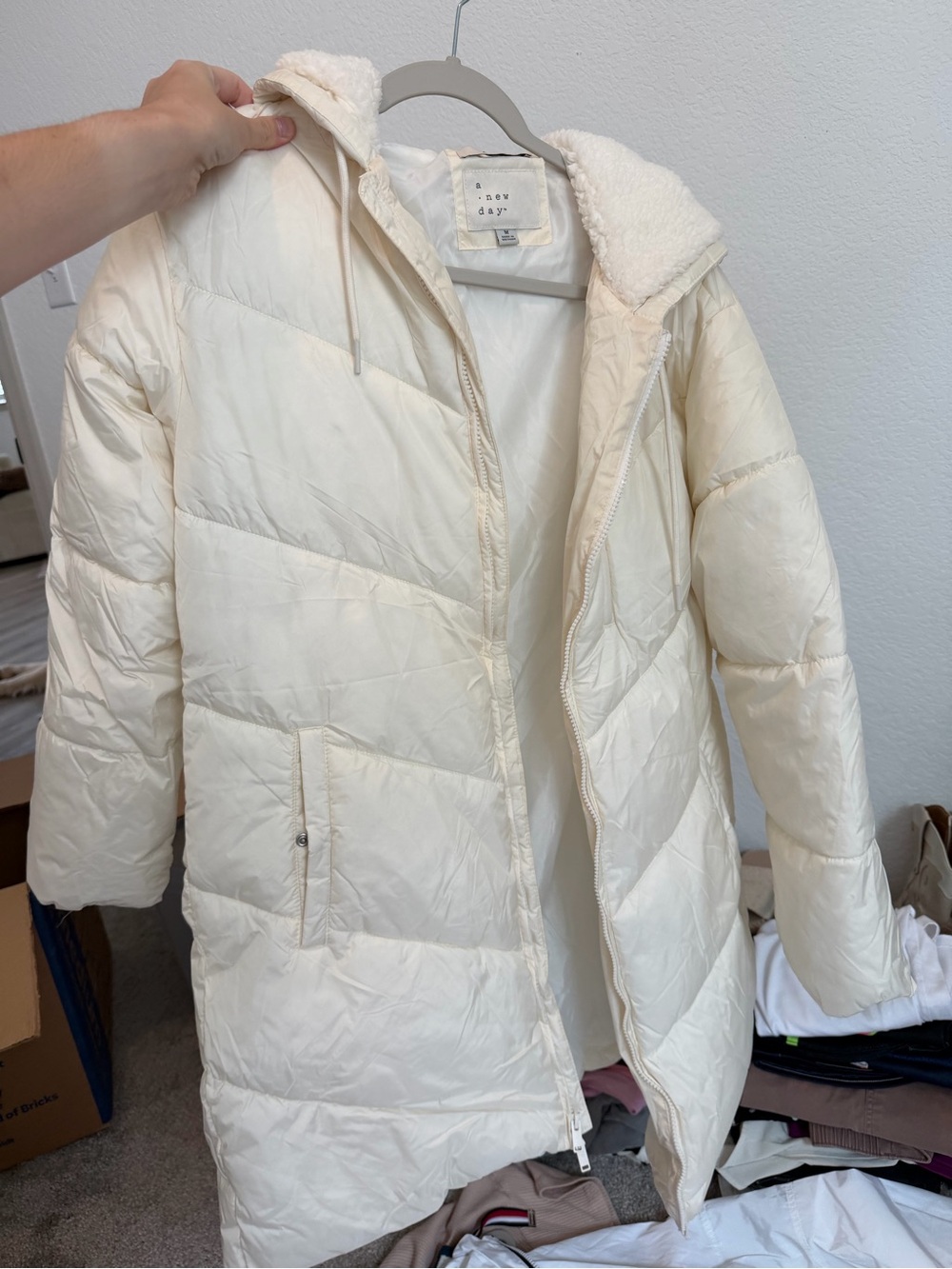 a new day Cream Long Puffer Coat with Sherpa Hood